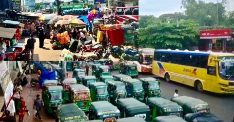 মহাসড়কের ফুটপাত দখলসহ নিষিদ্ধ গাড়ির যানজটে অতিষ্ট চালক ও পথচারীরা